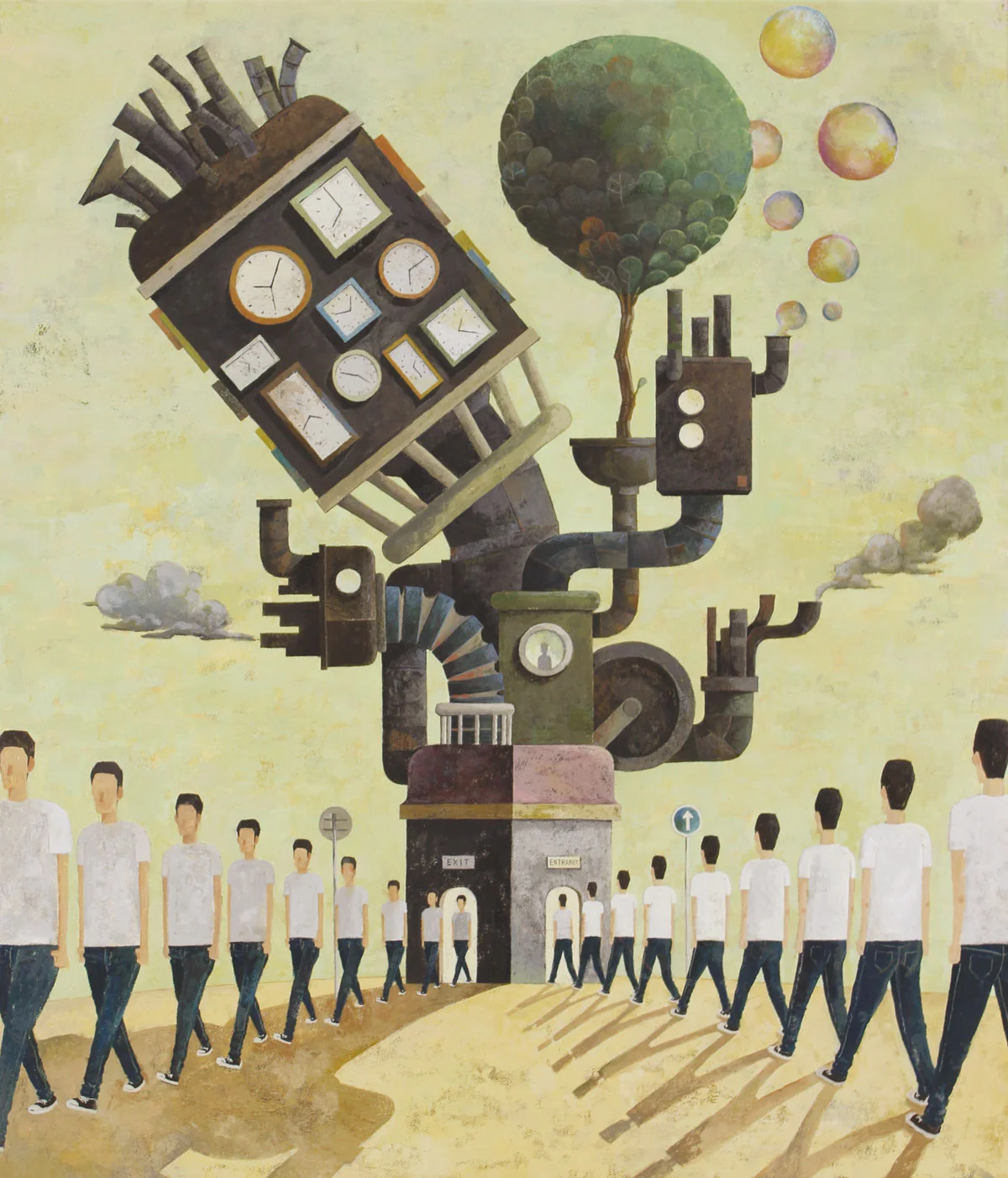 謎の施設に出入りする人々の絵